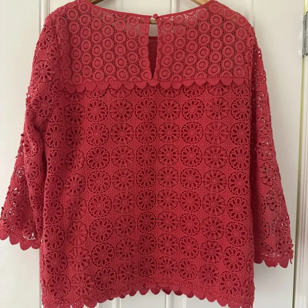 Boden Women's Crochet Lace Eyelet Blouse Tunic Shirt 3/4‎ Sleeve 12 Coral Pink